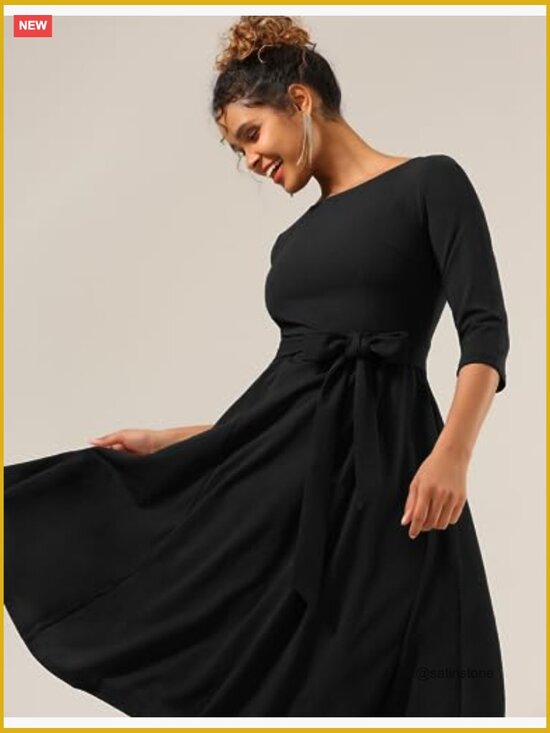 Vintage Cocktail Dress with 3/4 Sleeves, A-Line Fit and Flare, Nylon Elastane - Picture 6 of 7